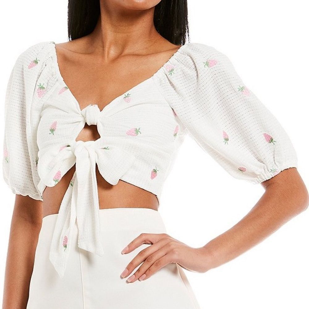 Love & Piece Strawberry Printed 5/8 Sleeve Waist Tie Crop Top White Pink Large